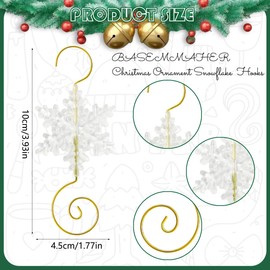 BASEMMAHER 20 Pcs Christmas Snowflake Ornament Hook Gold Metal Wire S Hooks Transparent Crystal Snowflake Christmas Tree Decoration Ornaments Hanger No-Slip Hanging Hooks for Xmas Tree Decoration