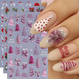 Christmas Nail Art Stickers 5D Self-Adhesive Cute Snowman Bow-Tie Snowflakes Christmas Tree Design Winter Nail Art Supplies Holiday Nail Stickers for Women DIY Manicure Decorations Accessories 3PCS