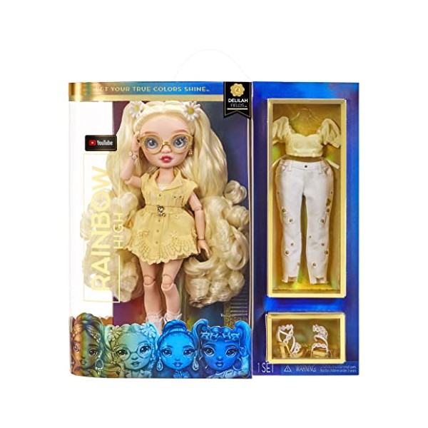 Rainbow High Delilah Fields- Buttercup Yellow Fashion Doll with Albinism & Glasses. 2 Designer Outfits to Mix & Match with Accessories, Great Gift for Kids 6-12 Years Old, Multicolor, 578307