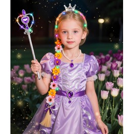 DUDUCOFU Princess Accessories with LED Lights for Little Girls, Glowing Braided Wig with Tiara Wand Toys for Girls Gift 3 4 5 6 7 8