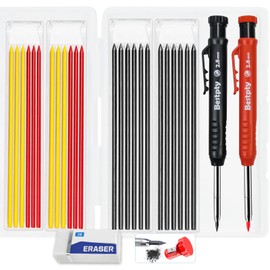 Bestpty 2PCS Carpenter Pencil with Sharpener,Mechanical Pencils with 26 Refills An eraser,Heavy Duty Woodworking Pencils for Architect,Deep Hole Marker for Construction with Case(Black, Red)
