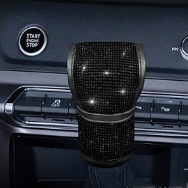 QINU Leather Auto Gear Shift Knob Cover with Crystal Glitter Bling Rhinestones for Girls, Car Decor Accessories for Ladies (Black)