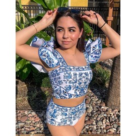 FLAXMAKER Ruffle Porcelain Pattern Majolica Print Back Elastic Band Bikini Swimsuit and Skirt/Sarong (US, Alpha, Large, Regular, Regular, Blue Bikini and Skirt)