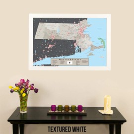Push Pin Travel Maps - Massachusetts Earth Toned - Textured White Framed Pin Map for Tracking Your Travels - 27.5" x 39.5" - 8 Handcrafted Frame Options - Made in USA - Ideal for Any Traveler
