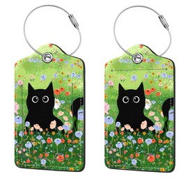 2 Pcs Luggage Tags for Suitcase, Cute Unique PU Leather Travel Bag Tag with Privacy Cover ID Label Address Card and Durable Metal Ring Suitable for Men Women Children Backpack,Black Cat On The Grass