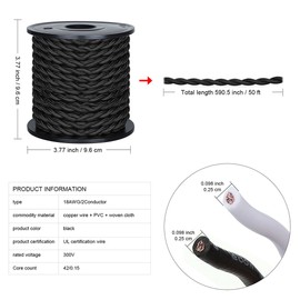 [UL Listed] 50ft Twisted Cloth Covered Wire, Carry360 Antique Industrial Electronic Wire, 18-Gauge 2-Conductor Vintage Style Fabric Lamp/Pendant Cloth Cord Cable (Black)