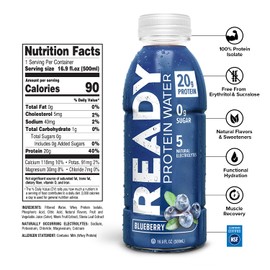 Ready Protein Water, 20g of Whey Protein Isolate, Sugar Free, Blueberry, 12-Pack, 16.9 Fluid Ounces Each
