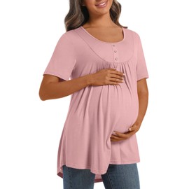 DreamGlee Womens Maternity Summer Casual T Shirts Loose Buttons Pregnancy Tunic Shirts for Leggings, Pink, M
