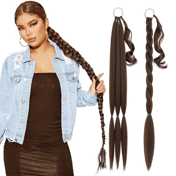 MY-LADY Long DIY Braided Ponytail Extension with Elastic Tie Yaki Straight Wrap around Braid Hair Extensions Pony Tail Synthetic Hairpiece 34 inch Chocelate Brown