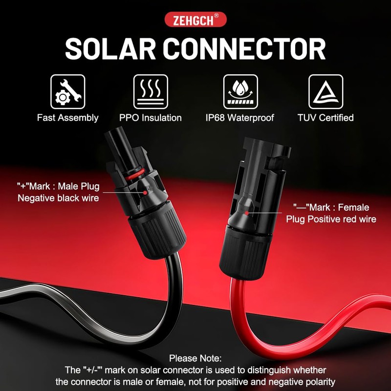 ZEHGCH Solar Panel Cable Connector Kit with 10AWG Heavy-Duty Tinned