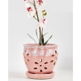 vensovo 5 Inch Ceramic Orchid Pots with Holes and Saucers - 1 Pcs Small Ceramic Orchid Planter Pots for Repotting, Plant Garden Pots for Orchid Indoor and Outdoor Promotes Air Circulation, Pink