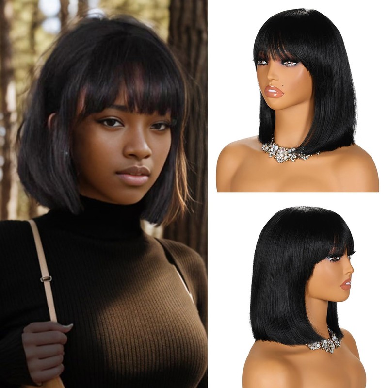 YYHR Short Bob Wig With Bangs 12" Light Yaki Straight
