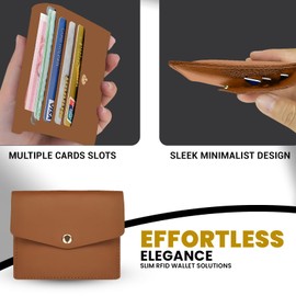 FATASH Credit Card Holder, PU Leather Wallet with 3 Card Slots & 1 Cash Pocket & Snap Button Closure, RFID Blocking Card Protector Case for Women - Brown
