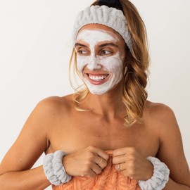 FROG SAC Puffy Spa Headband and Wristbands for Face Washing, Fuzzy Skincare Headbands for Women, Soft Makeup Skin Care Hair Accessories for Girls, Bubble Make Up Sleepover Party Supplies (Gray)