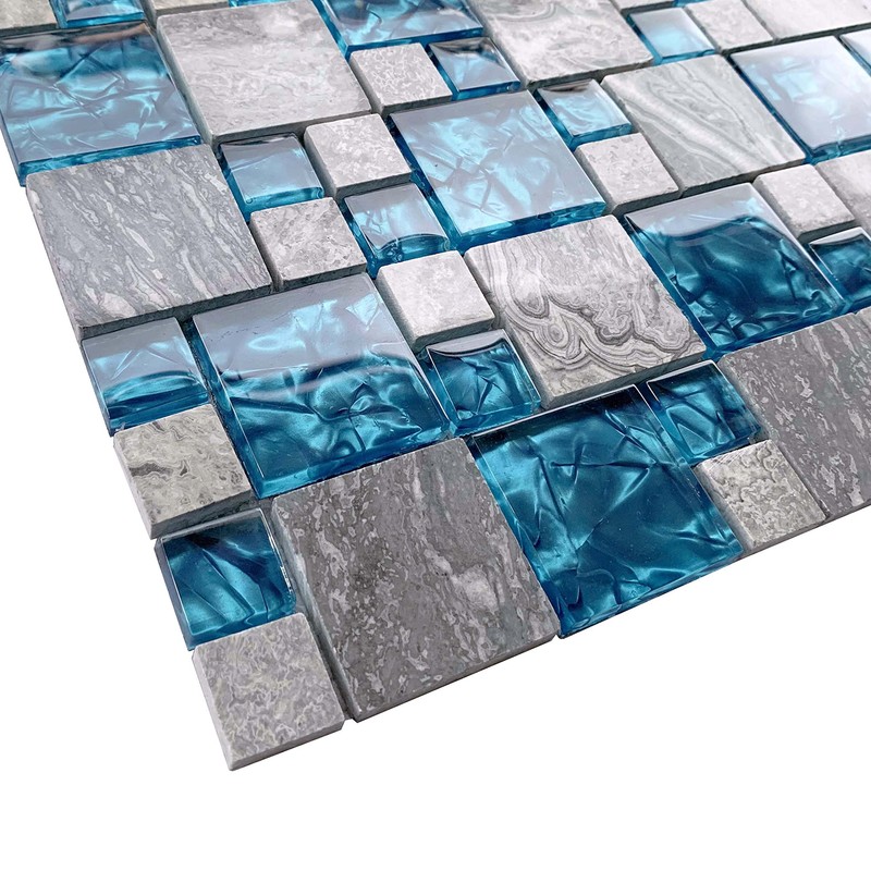 Hominter Gray Marble Backsplash Tile Polished Stone Teal Blue Glass