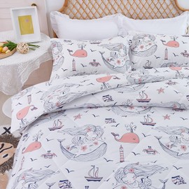 JSD Mermaid Full Comforter Set for Girls, 3 Piece Ocean Theme Microfiber Comforter with Pillow Shams, Lightweight All Season Washable