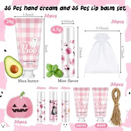 Juego de 144 bálsamos labiales de Halloween, suministros rosados, incluye 36 bálsamos labiales fantasma y crema hidratante para manos, 36 bolsas de or