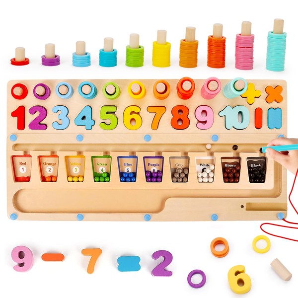 3 in 1 Magnetic Color and Number Maze - Wooden Montessori Shape Sorting Counting Puzzle Game Kindergarten Learning Stacking Fine Motor Travel Toy 2 3 4 5 6 + Year Old