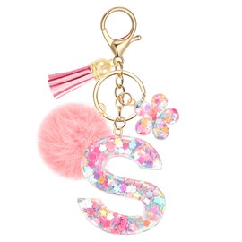 JSRQT Pink Initial Letter Keychain S for Women Girls, Flower Sequins Resin Alphabet Letter Keyrings with Flower Tassel Poms Pendants, Cute Fashion Bag Charm Car Key Chains for Handbags Backpack Decor