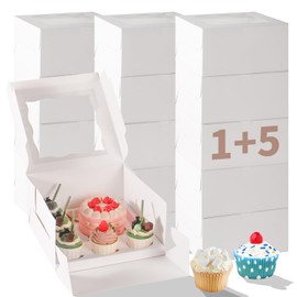 PFAMKEER PFAMKEER Bento Cake Box With Cupcakes, Clear Window 6 Holes Bento Combination,6 Sets: Cookie Boxes Fit 5 Regular Cupcake and Mini Cakes, Christmas Wedding Birthday Party (White/clear, 1+5/6pcs)