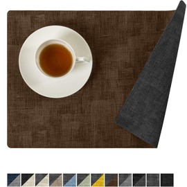 Romanstile Vinyl Placemats Set of 6-12x17 Inch, Reversible Waterproof Washable Non Slip Table Mats, Faux Leather Heat Resistant Wipeable Table Placemats for Dining/Party/Indoor/Outdoor, Grey-Brown
