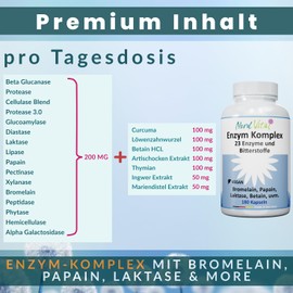 Enzym Komplex mit 23 aktiven Inhaltsstoffen - 180 magensaftresistente Kapseln - Enzyme und Bitterstoffe - Bromelain, Papain, Amylase, Lipase, Protease, Laktase, Betain HCL, Ingwer, Curcuma... - Vegan