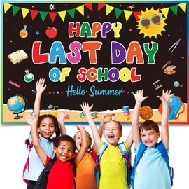 Happy Last Day of School Hello Summer Banner – 70.87" × 45.3" Polyester End of School Year Party Decorations for Kids, Colorful Last Day of School Decorations for Classroom, Hallway, or Photo Backdrop