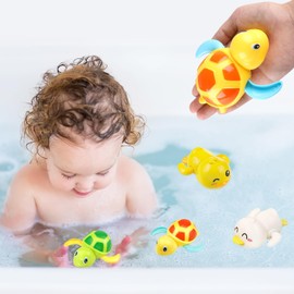 Baby Badespielzeug, 4 Stück Baby Bad Spielzeug Schildkröte und Ente Kunststoff Badewanne Spielzeug Uhrwerk Schwimmbad Spielzeug Badespielzeug Baby ab 1 Jahr, für Kleinkinder Jungen Mädchen