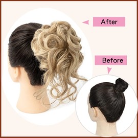 QIAORUIXIN Messy Hair Bun Hair pieces for Women Clip in Claw Hair Pieces Synthetic Chignon Super Long Tousled Updo Hair Bun Extensions Wave Curly Hairpieces for Daily Wear(27/613-)