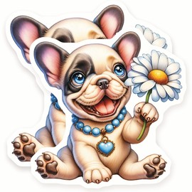 French Bulldog Stickers - Puppy with Flower - Cute Pet Stickers - 2 Pack - 5" Wide Design - Adheres to Laptops, Tumblers, and More – Made in The USA - AQS1448