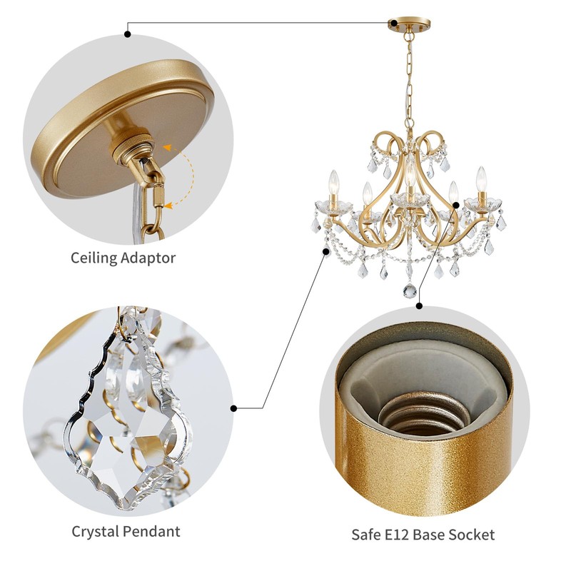 WUZUPS Crystal 5-Light Candle Chandelier Pendant Flushmount Ceiling Light Modern