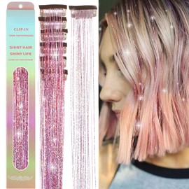 MISSUHUI Hair Tinsel Clip In 23.6inch Fairy Hair Clip in Hair Tinsel Glitter Hair Extensions, Pink Hair Tinsel Clip in Hair Extensions Sparkly Hair Accessories for Girls Women 6Pcs Hair Tensile (Pink)
