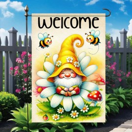 BlissYard Spring Summer Gnome Garden Flag 12x18 Double Sided Burlap Daisy Bee Floral Welcome Holiday Yard Outdoor Decorative Flag Summer Yard Outdoor Home Decorative Daisy Flowers Small Decor