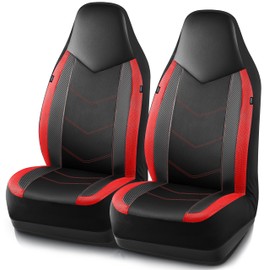 PIC AUTO Leather Car Seat Covers, Sports Carbon Fiber & Mesh Design, High-Back Two Front Set, Waterproof Automotive Seat Covers, Airbag Compatible, Universal Fit for Most Cars (Black & Red)