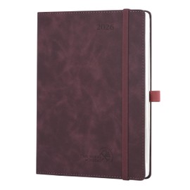 POPRUN Diary A5 Week to View 2026 PU Leather Soft Cover Appointment Book 22 x 16.5 cm - 26 Weekly Planner & Notebook in One, Inner Pocket, Monthly Tab (Claret）