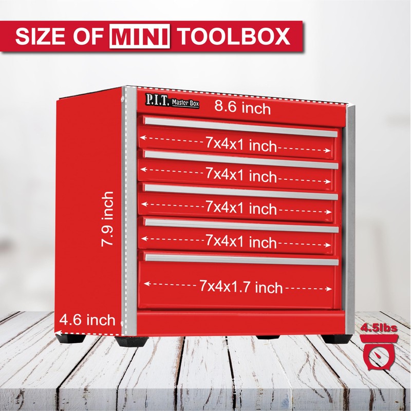 P.I.T. Mini Red Tool Box, Portable 3 Drawer Steel Stackable