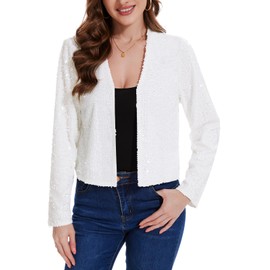 MINTLIMIT Women's Sequin Cardigan Short Open Front Cardigan Long Sleeve Bolero Thin Elegant Glitter Jacket Bolero Jacket, W white