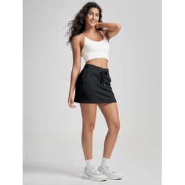 ODODOS Women's Cotton French Terry Skorts Drawstring Tie Built-in Shorts Daily Skirts with Pockets, Black, Large