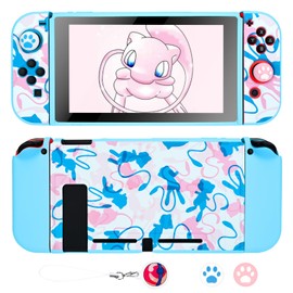 DLseego Dockable Case Design for Switch 2017, Anti-Slip Shock-Absorption Protective Soft Carrying Case and Joy Con Controller with 1 PCS Elf Ball Pendant and 2 Thumb Grip Caps-Pink Blue Flying Doll