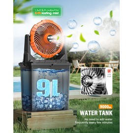 Ausic 9L Bucket Portable Misting Fan for Outdoors Patios, 20000mAh Rechargeable Battery Operated Camping Fan, 3 Strong Winds, 3 Large Spray Outlets, for Fishing/Travel/Garden Party/Golf/Tent/Office