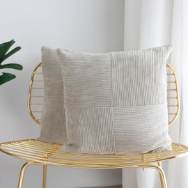 BRMM MIA Set of 2 Decorative Throw Pillow Covers Corduroy Cushion Covers Pillowcase Square Cushion Covers for Living Room Sofa 45cm x 45cm(Kakhi Stripe)