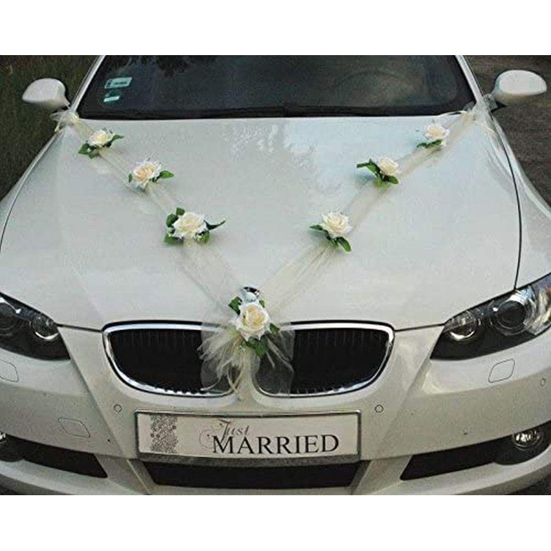 Autoschmuck Organza M garland with roses for bride and groom