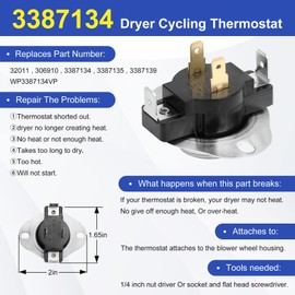 UPGRADE 3387134 CyclingThermostat 3392519 Dryer Thermal Fuse 3977393 Cut-Off Switch 3977767 High-Limit Thermostat Compatible Whirl-pool Ken-more May-tag Dryer Replaces Parts#PS345113 AP6008325 3399693