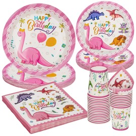 UVTQSSP 96 Pcs Party Plates and Cups and Napkins Sets, Pink Dinosaur Birthday Cute Pastel Paper Plates and Napkins for Girl Birthday Party, Disposable Tableware Sets, Serve for 24 Guests