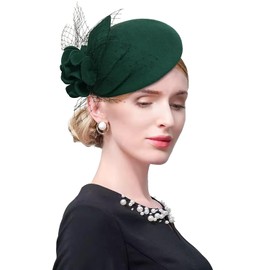 ELLYDOOR Wool Fascinator Pillbox Hat Winter British Wool Felt Hat for Women Wedding Church Hat Flower Fedoras Green