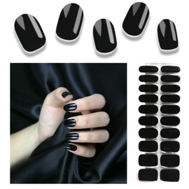 Wekcekcek Semi Cured Gel Nail Strips, 20pcs Gel Nail Polish Stickers, Pure Black Full Wrap Gel Nail Art Stickers, Long Lasting Gel Nail Stickers for Women with Nail File & Stick（UV Light Required）