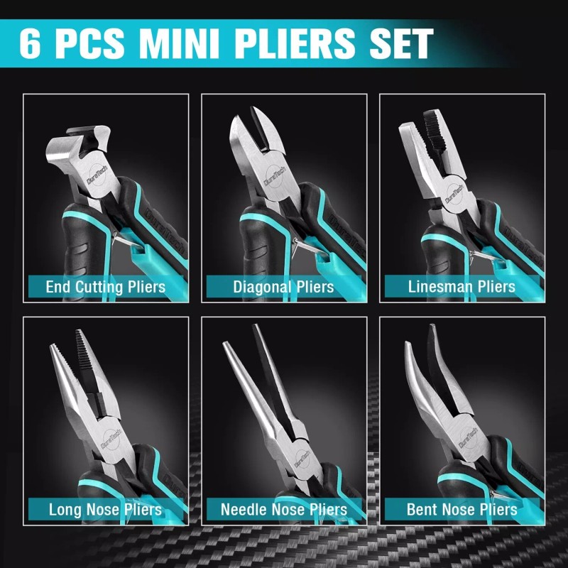 DURATECH 6PC Mini Pliers Needle Nose Diagonal Long Nose Bent