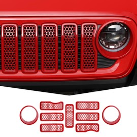 JeCar Mesh Grille Inserts/Headlight Trim Covers Front Light Bezels Decoration Kit Compatible with Jeep Wrangler 2024 JL JLU & Gladiator JT 2024, Red