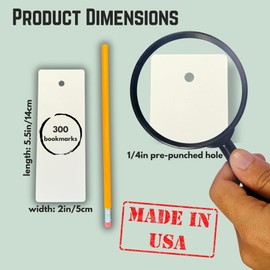 Gionello 300 Blank White Cardstock Bookmarks with Pre-Punched Hole - Bulk Plain Bookmarks to Decorate, Arts and Crafts, Gift/Price Tags, School and DIY Projects (5.5" x 2") Made in USA