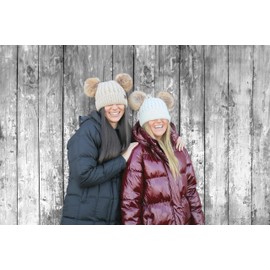 Funky Junque Double Pom Pom Beanie 7.5x8 Inch Women's Faux Fur Cap Beanie Double Pom 100% Super Soft Knit Acrylic, Adult Double Pom Pom Hat Beanie with Two Poms for Women (Ivory/Natural Faux Fur)